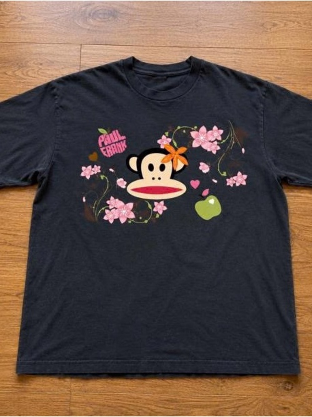 Black Paul Frankk Tee with Pink Floral and Green Apple